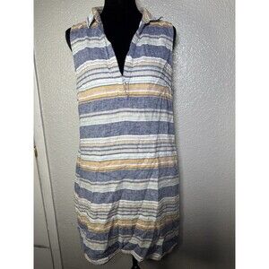 Beach Lunch Lounge Shirt Dress size m Linen Cotton Lined V Neck Blue Stripe